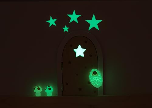 Qué Kawaii Wooden Tooth Fairy Door – Glow in the Dark, Paintable & Customizable Kit with Stairs, Crochet Bag, Stars, Mushrooms & 6 Certificates