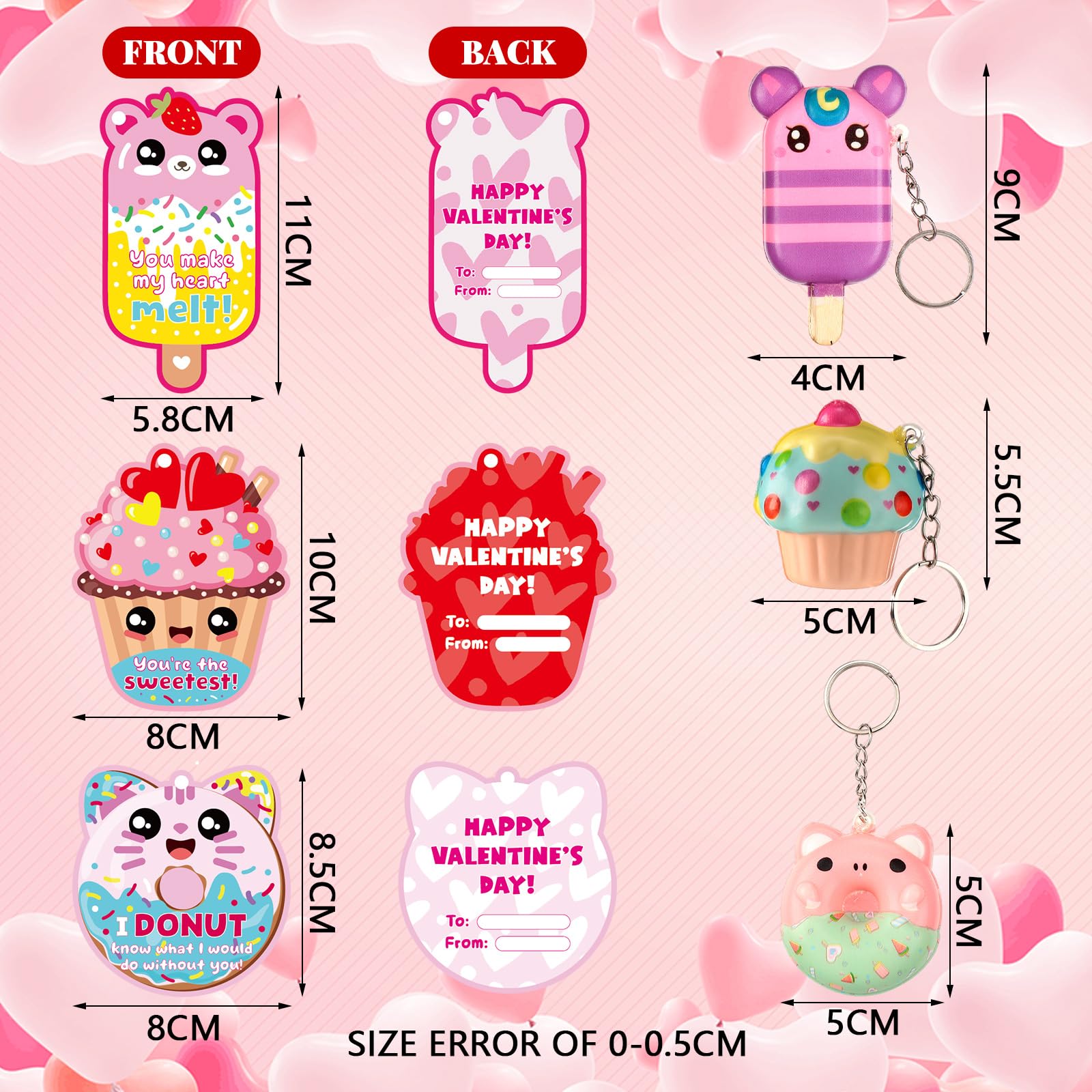 Quelay 36 Valentines Cards with Scented Dessert Keychains for Classroom Exchange