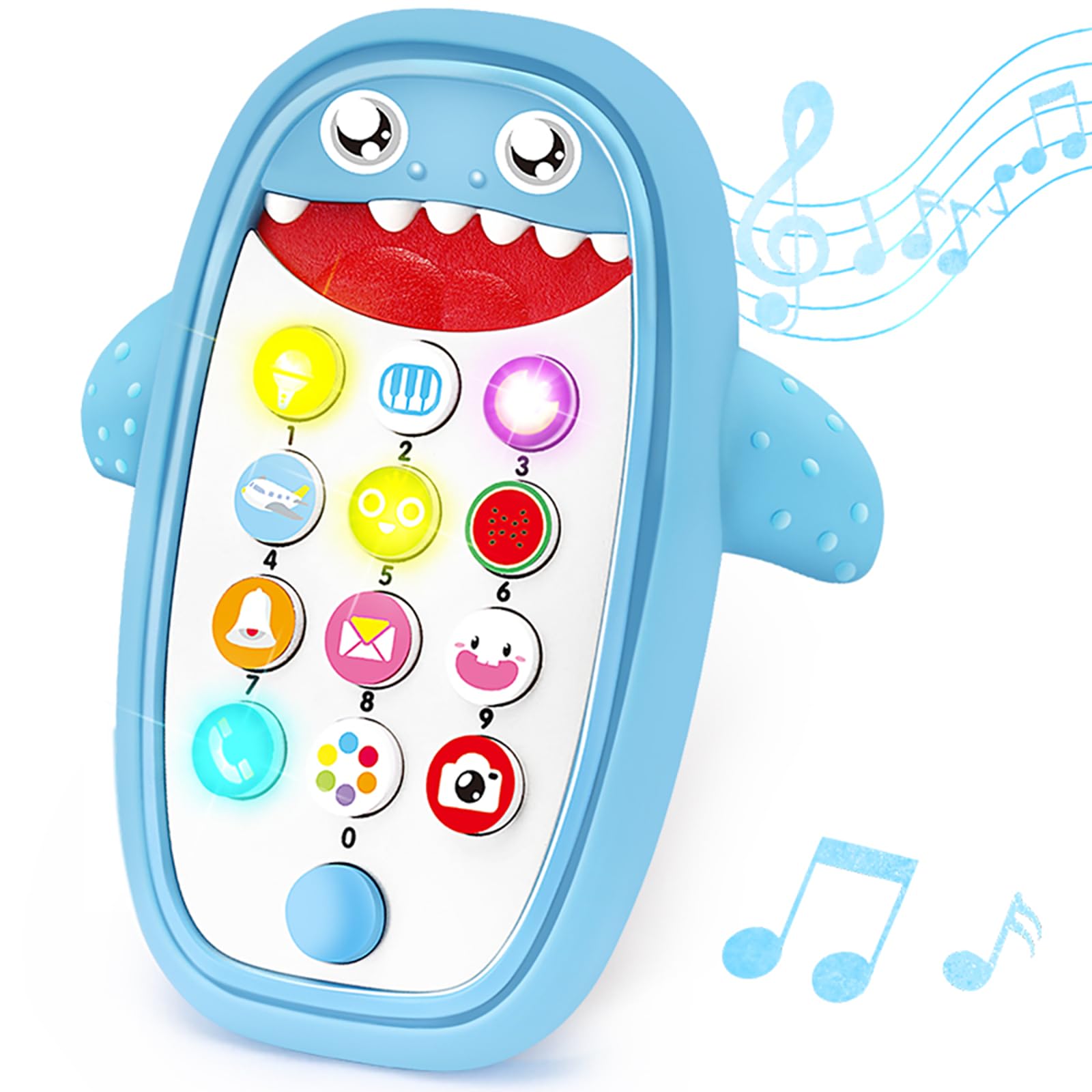 QUERCITRON Baby Shark Cell Phone Toy with Removable Teether Case, Lights & Music, Blue, 12 Months+