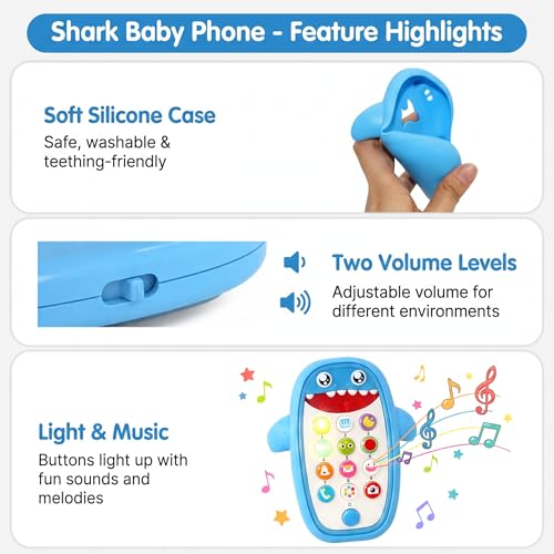 QUERCITRON Baby Shark Cell Phone Toy with Removable Teether Case, Lights & Music, Blue, 12 Months+