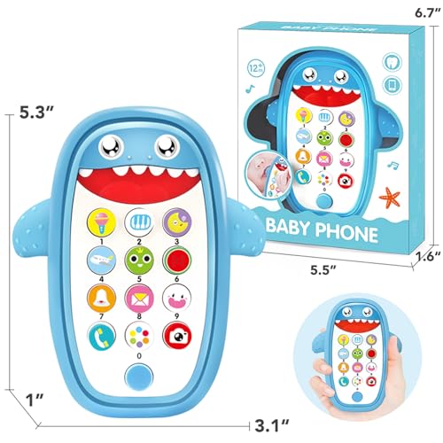 QUERCITRON Baby Shark Cell Phone Toy with Removable Teether Case, Lights & Music, Blue, 12 Months+
