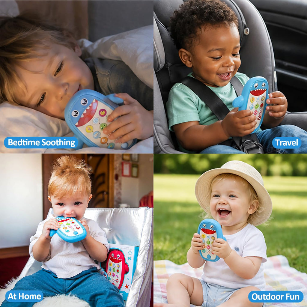 QUERCITRON Baby Shark Cell Phone Toy with Removable Teether Case, Lights & Music, Blue, 12 Months+