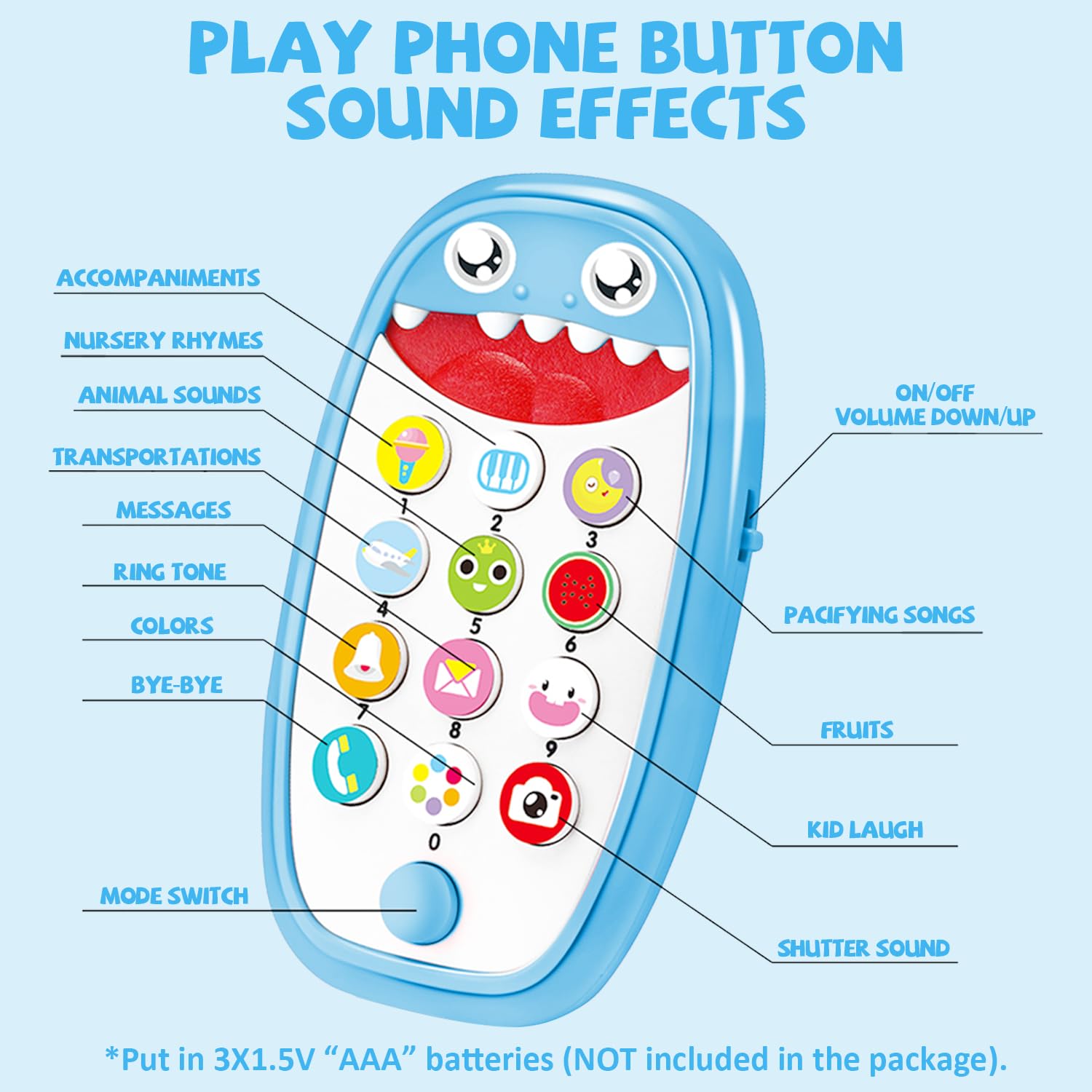 QUERCITRON Baby Shark Cell Phone Toy with Removable Teether Case, Lights & Music, Blue, 12 Months+