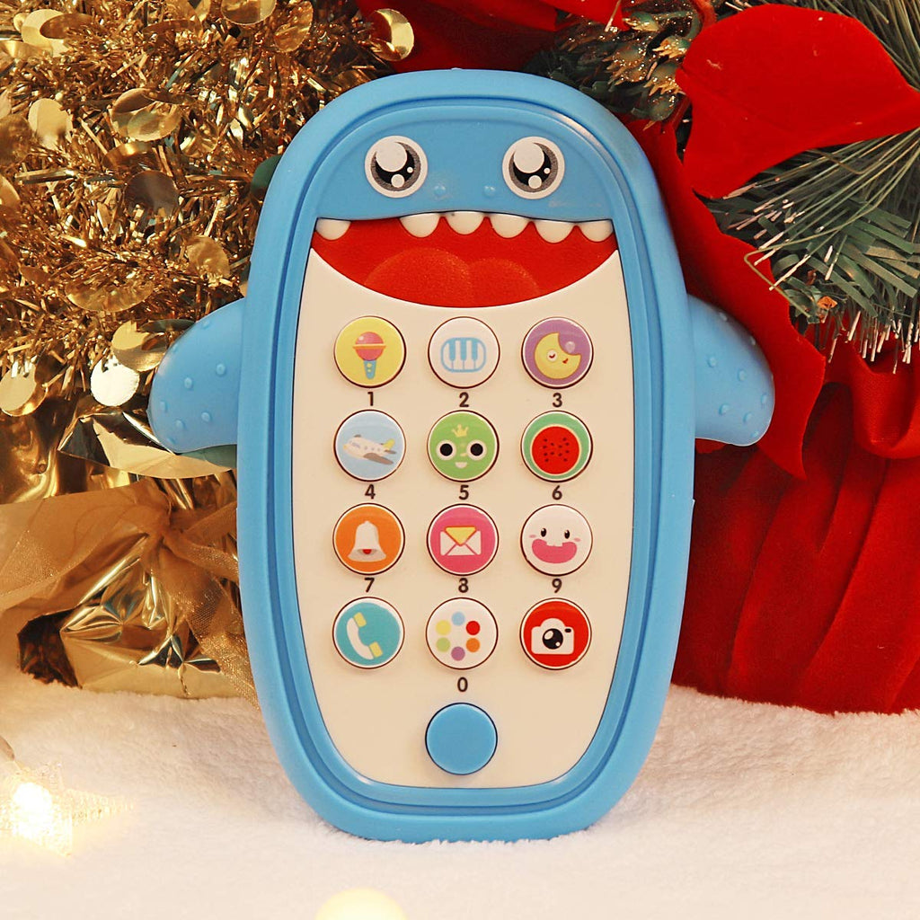 QUERCITRON Baby Shark Cell Phone Toy with Removable Teether Case, Lights & Music, Blue, 12 Months+