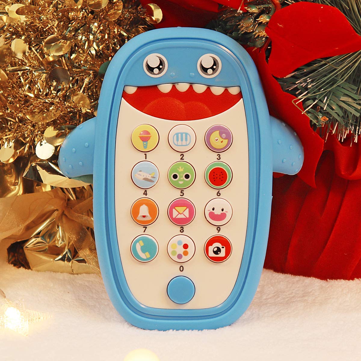 QUERCITRON Baby Shark Cell Phone Toy with Removable Teether Case, Lights & Music, Blue, 12 Months+