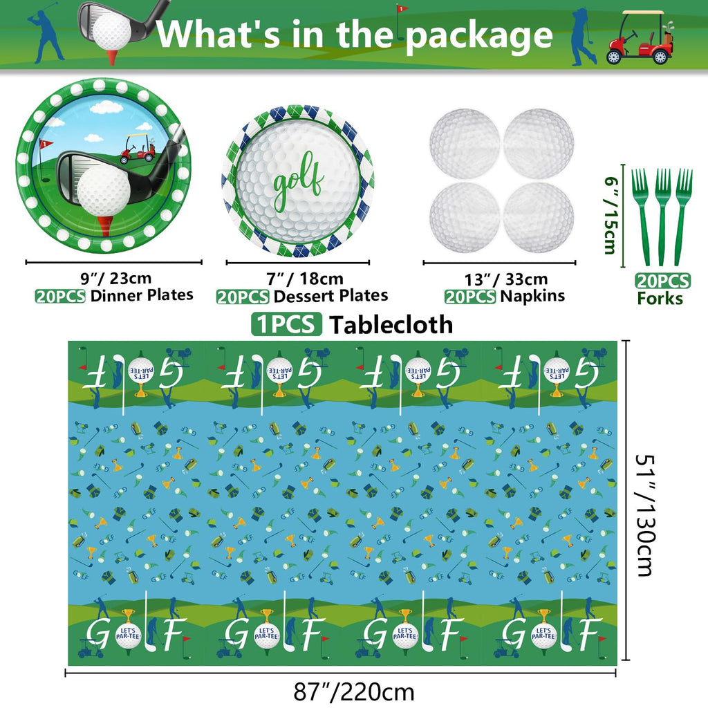 QUERICKY Golf Party Supplies for 20 Guests – Disposable Tableware Set with Plates, Napkins, Forks & Tablecloth