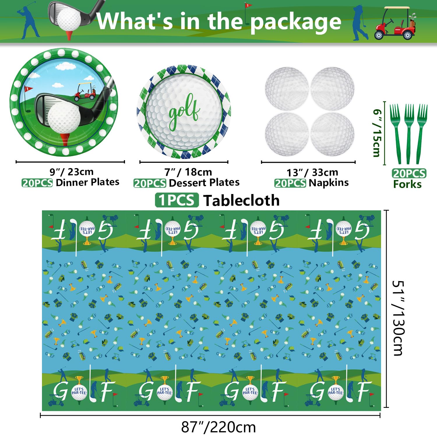 QUERICKY Golf Party Supplies for 20 Guests – Disposable Tableware Set with Plates, Napkins, Forks & Tablecloth