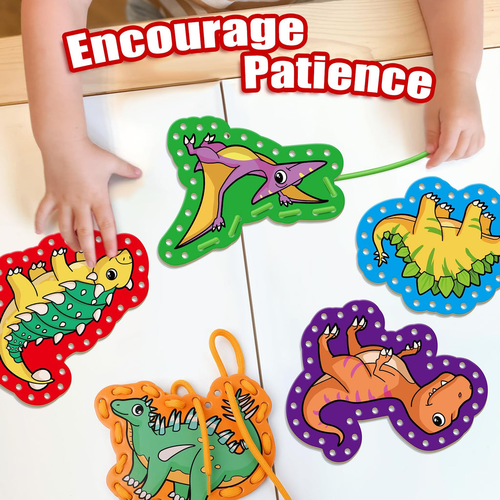 Quilinz Dinosaur Lacing Cards for Kids – Fine Motor Skills Toy with 9 Cards and Laces