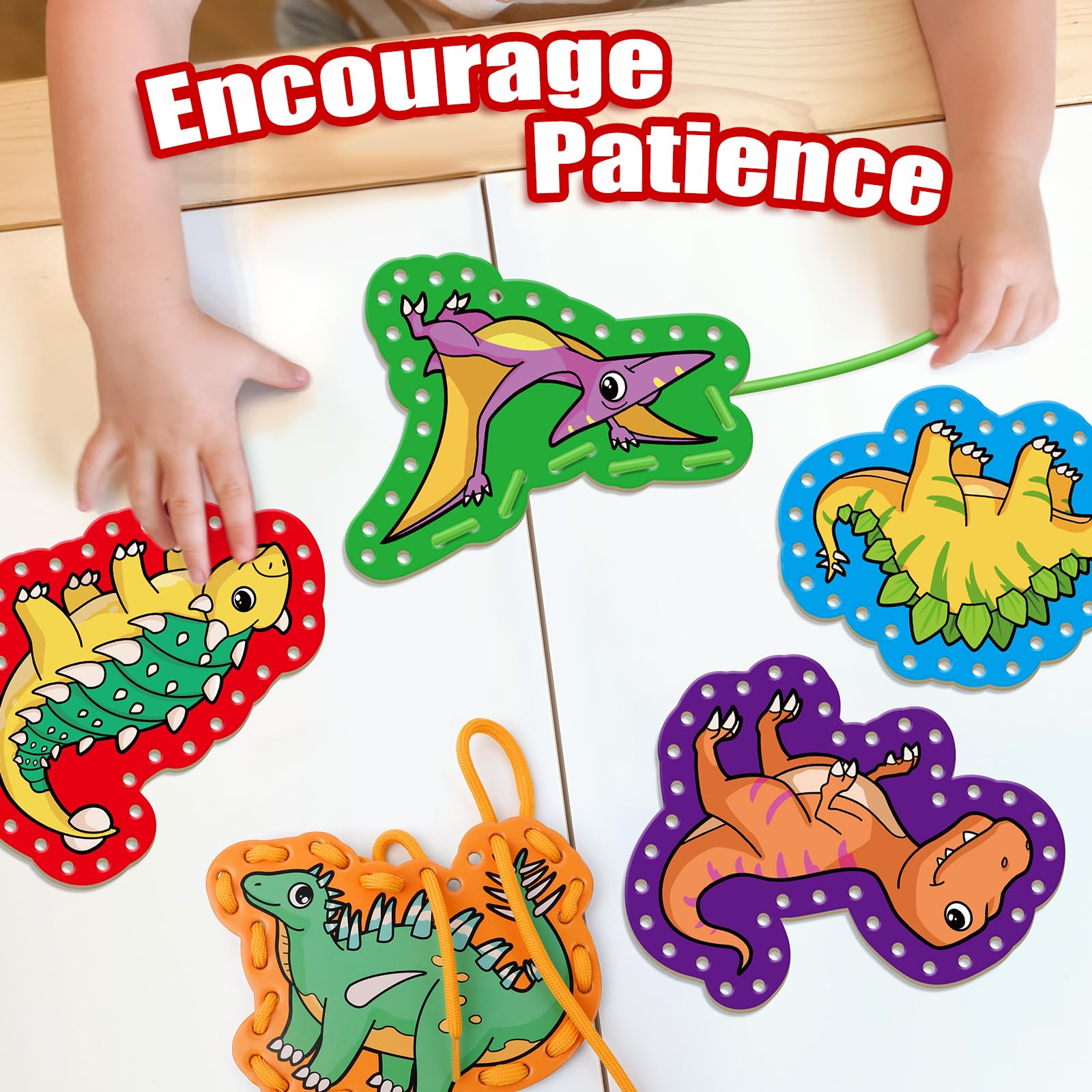 Quilinz Dinosaur Lacing Cards for Kids – Fine Motor Skills Toy with 9 Cards and Laces