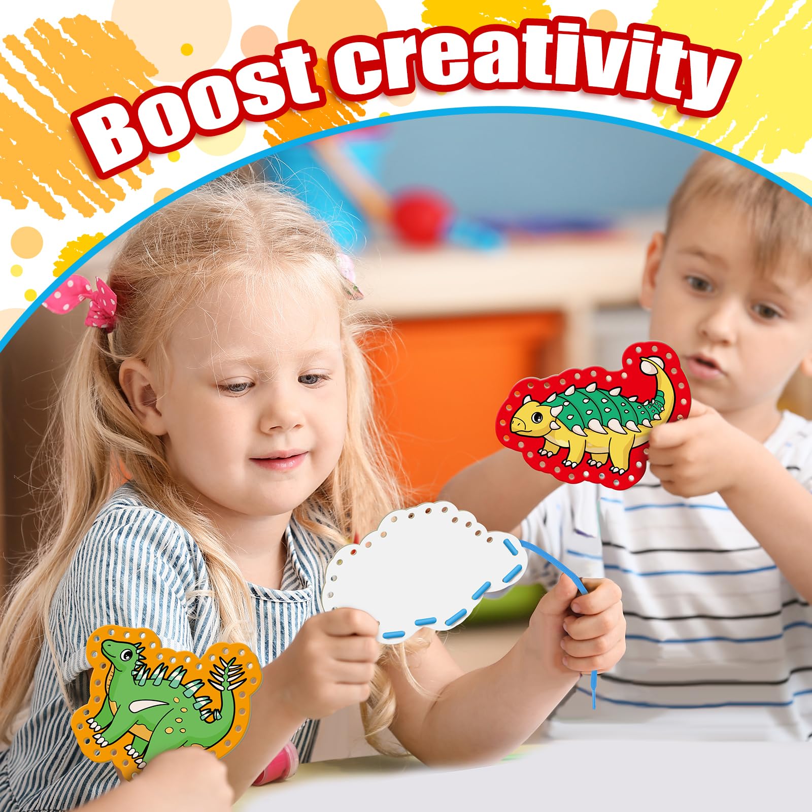 Quilinz Dinosaur Lacing Cards for Kids – Fine Motor Skills Toy with 9 Cards and Laces