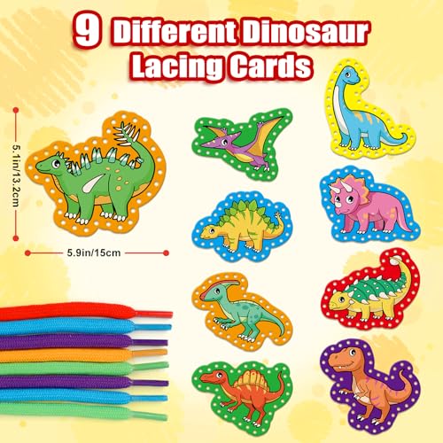 Quilinz Dinosaur Lacing Cards for Kids – Fine Motor Skills Toy with 9 Cards and Laces