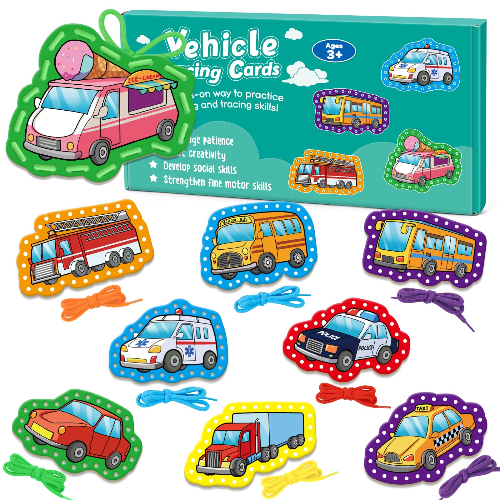Quilinz Lacing Cards for Kids – Vehicle-Themed Fine Motor Toy Set with 9 Cards & 9 Laces