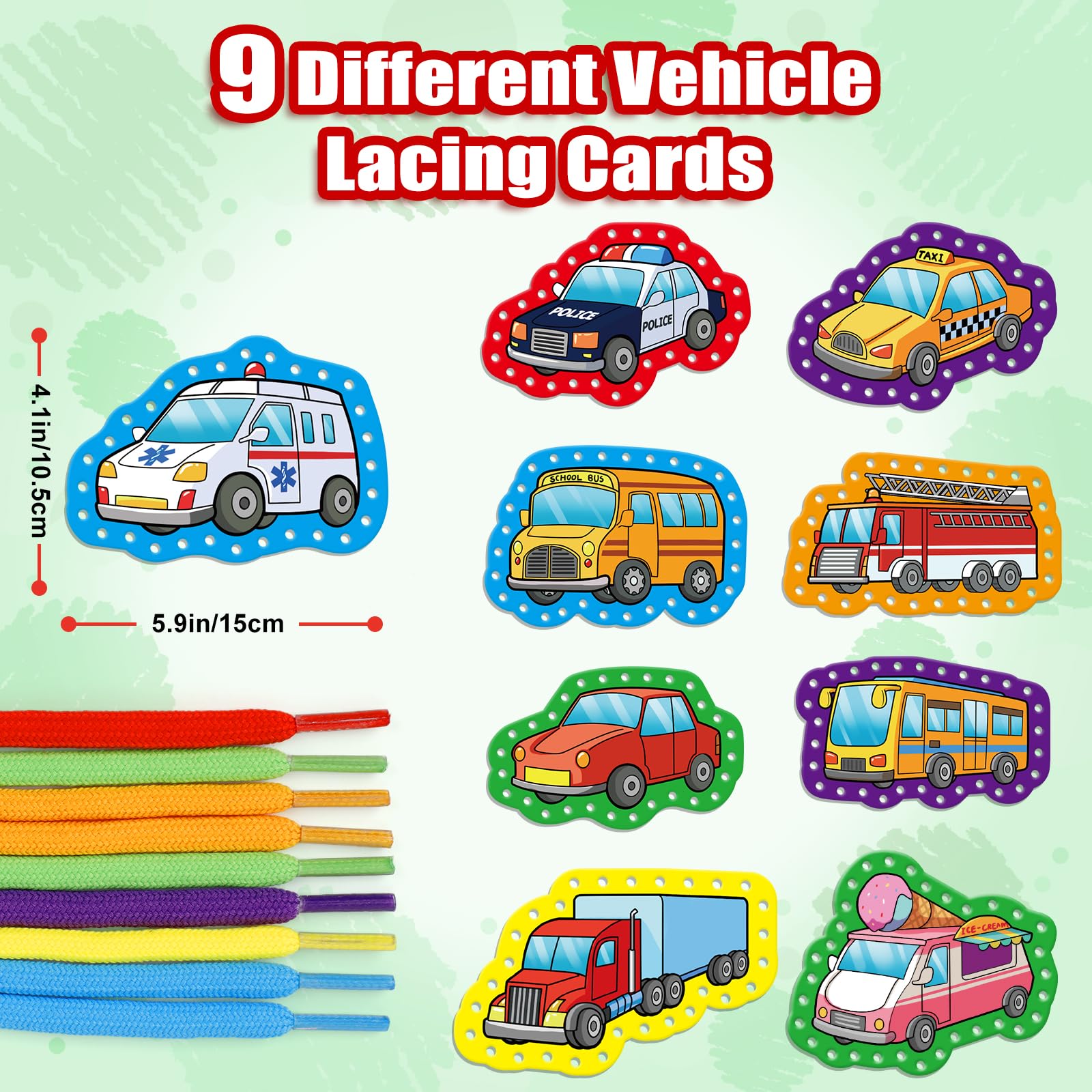 Quilinz Lacing Cards for Kids – Vehicle-Themed Fine Motor Toy Set with 9 Cards & 9 Laces