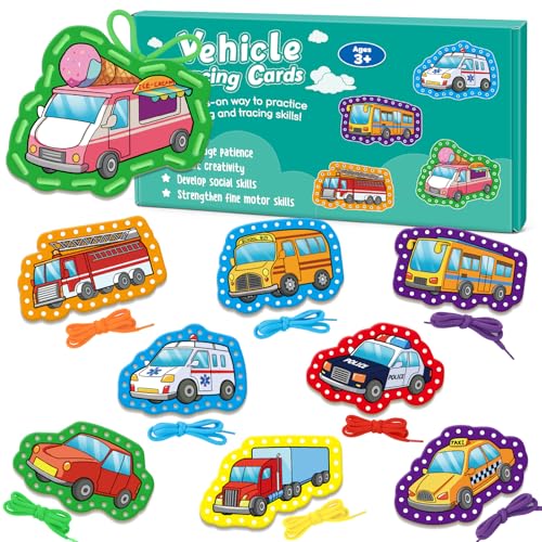 Quilinz Lacing Cards for Kids – Vehicle-Themed Fine Motor Toy Set with 9 Cards & 9 Laces