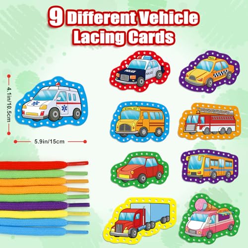 Quilinz Lacing Cards for Kids – Vehicle-Themed Fine Motor Toy Set with 9 Cards & 9 Laces
