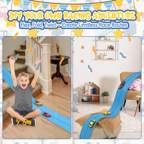 Quini 15 ft Cobalt Blue Flexible Race Track with Suction Cups, Two-Lane, Compatible with Hot Wheels
