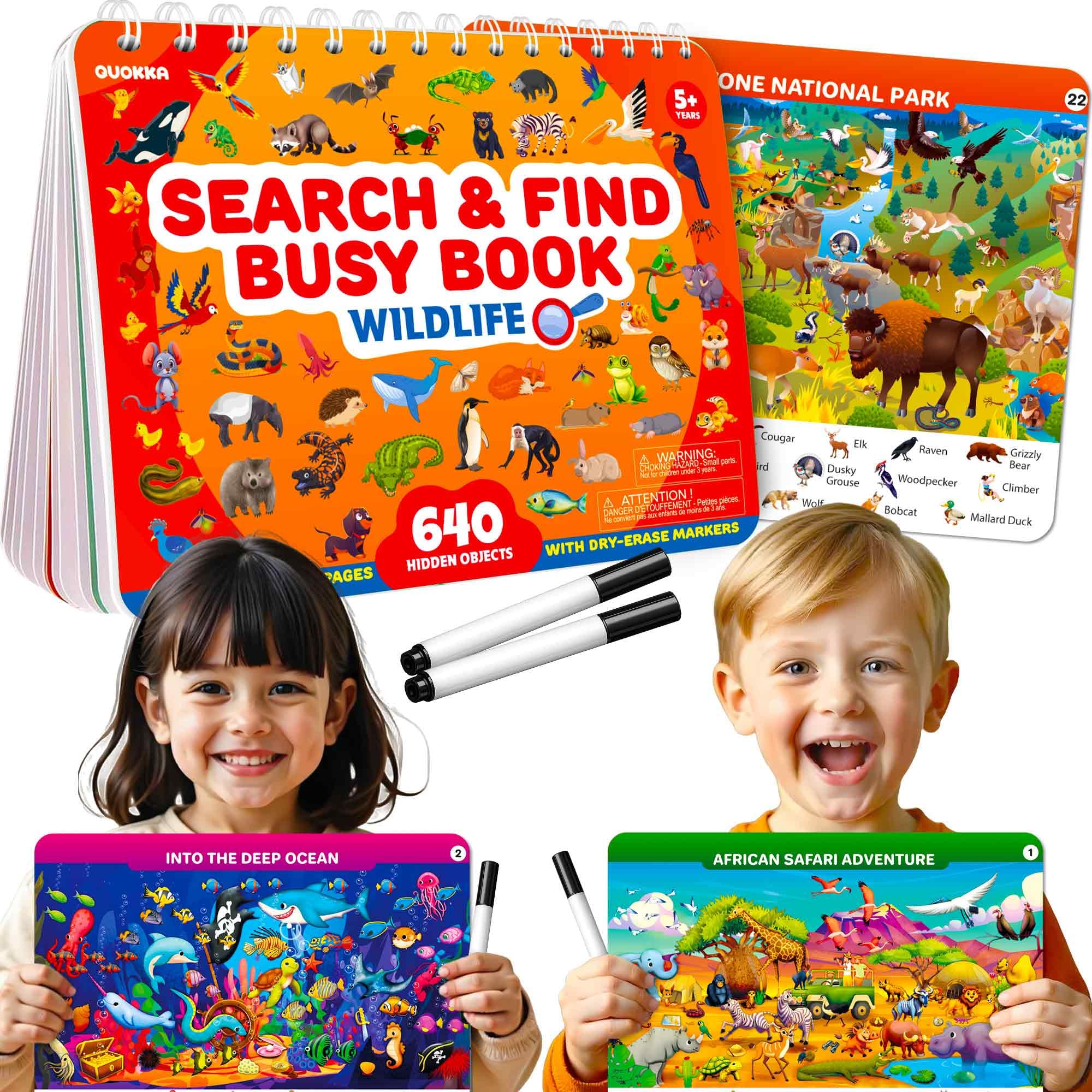 QUOKKA Busy Book for Toddlers 3-5 – Wildlife Search and Find Activity Book with 640+ Hidden Objects, Reusable Dry Erase Workbook