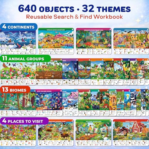 QUOKKA Busy Book for Toddlers 3-5 – Wildlife Search and Find Activity Book with 640+ Hidden Objects, Reusable Dry Erase Workbook