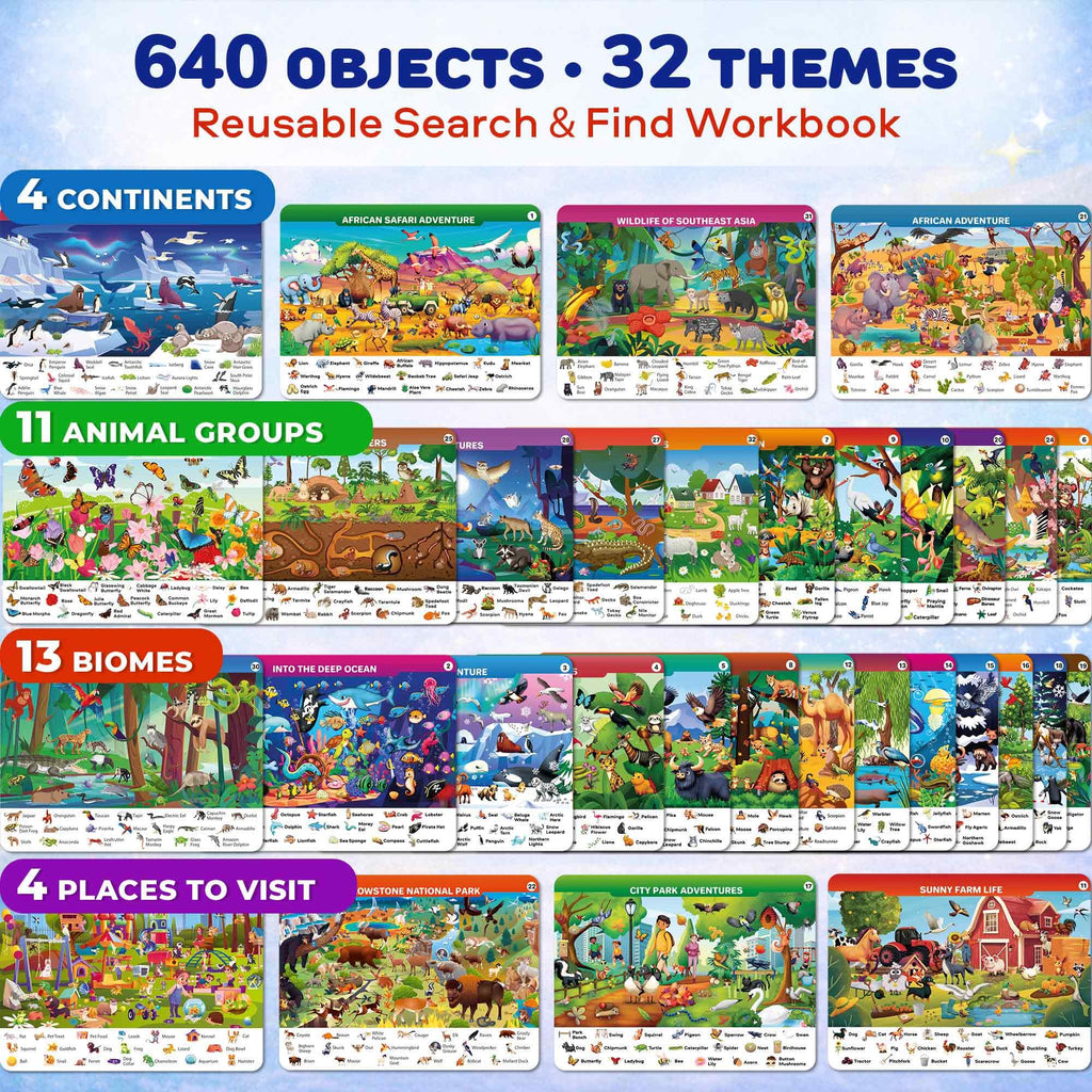 QUOKKA Busy Book for Toddlers 3-5 – Wildlife Search and Find Activity Book with 640+ Hidden Objects, Reusable Dry Erase Workbook