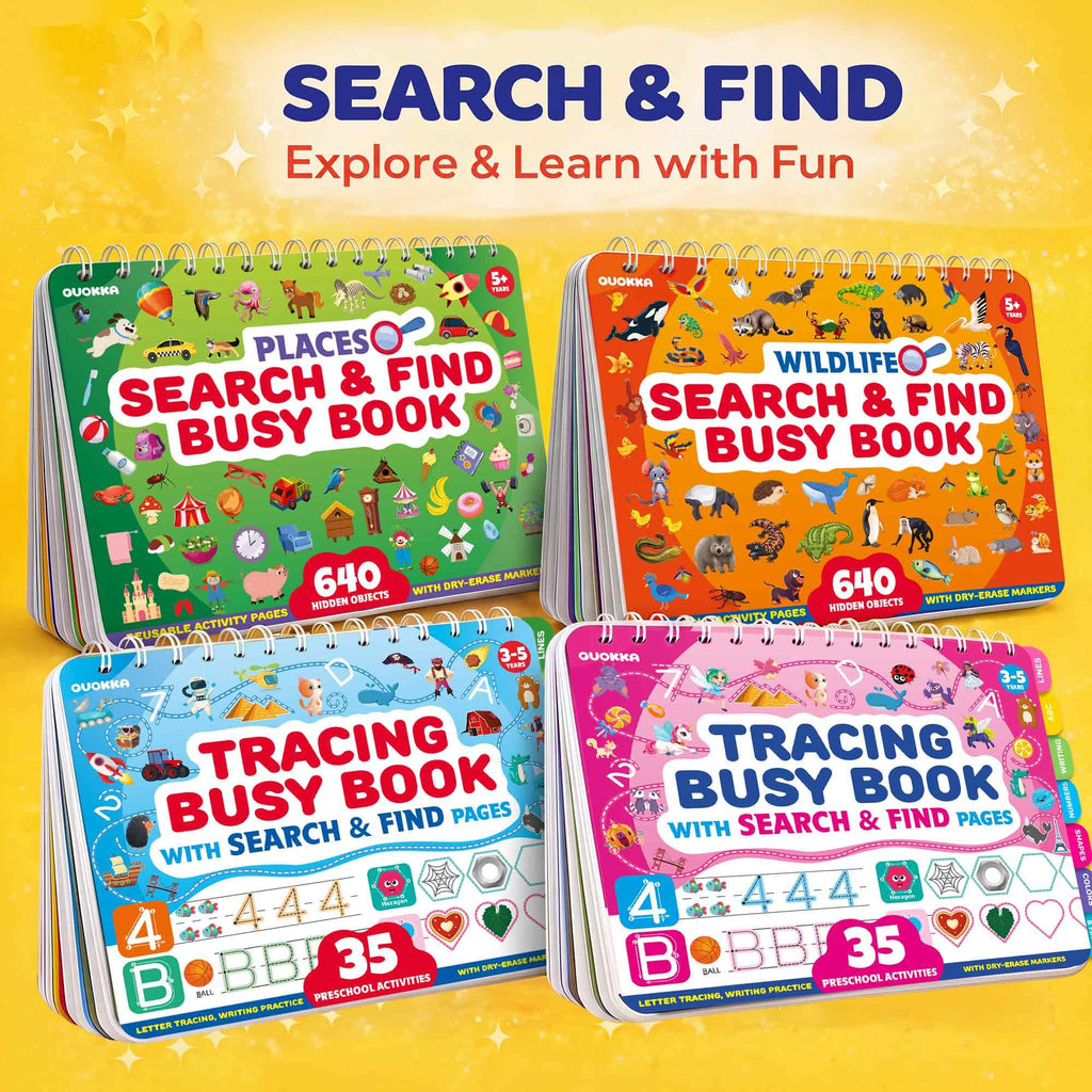 QUOKKA Busy Book for Toddlers 3-5 – Wildlife Search and Find Activity Book with 640+ Hidden Objects, Reusable Dry Erase Workbook