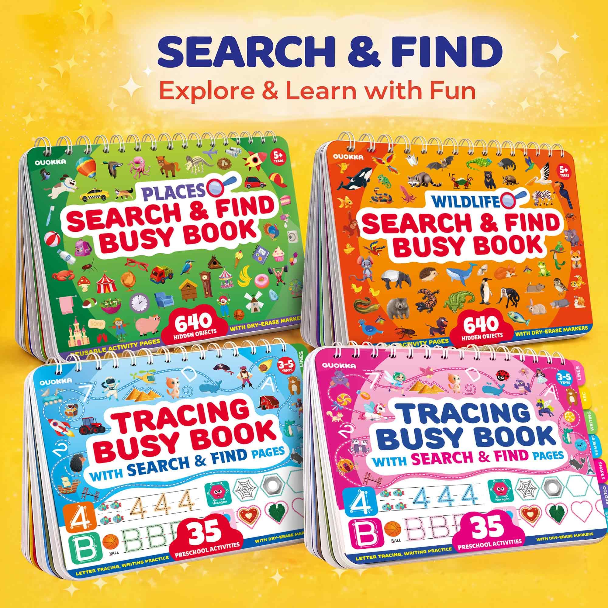 QUOKKA Busy Book for Toddlers 3-5 – Wildlife Search and Find Activity Book with 640+ Hidden Objects, Reusable Dry Erase Workbook
