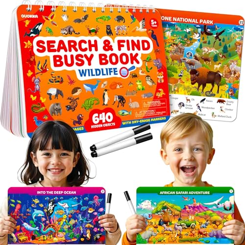 QUOKKA Busy Book for Toddlers 3-5 – Wildlife Search and Find Activity Book with 640+ Hidden Objects, Reusable Dry Erase Workbook