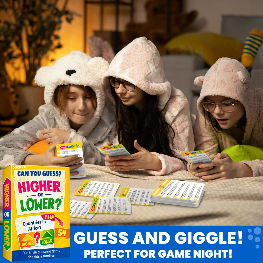 QUOKKA Higher or Lower Trivia Card Game – 500+ Questions for Family Game Night