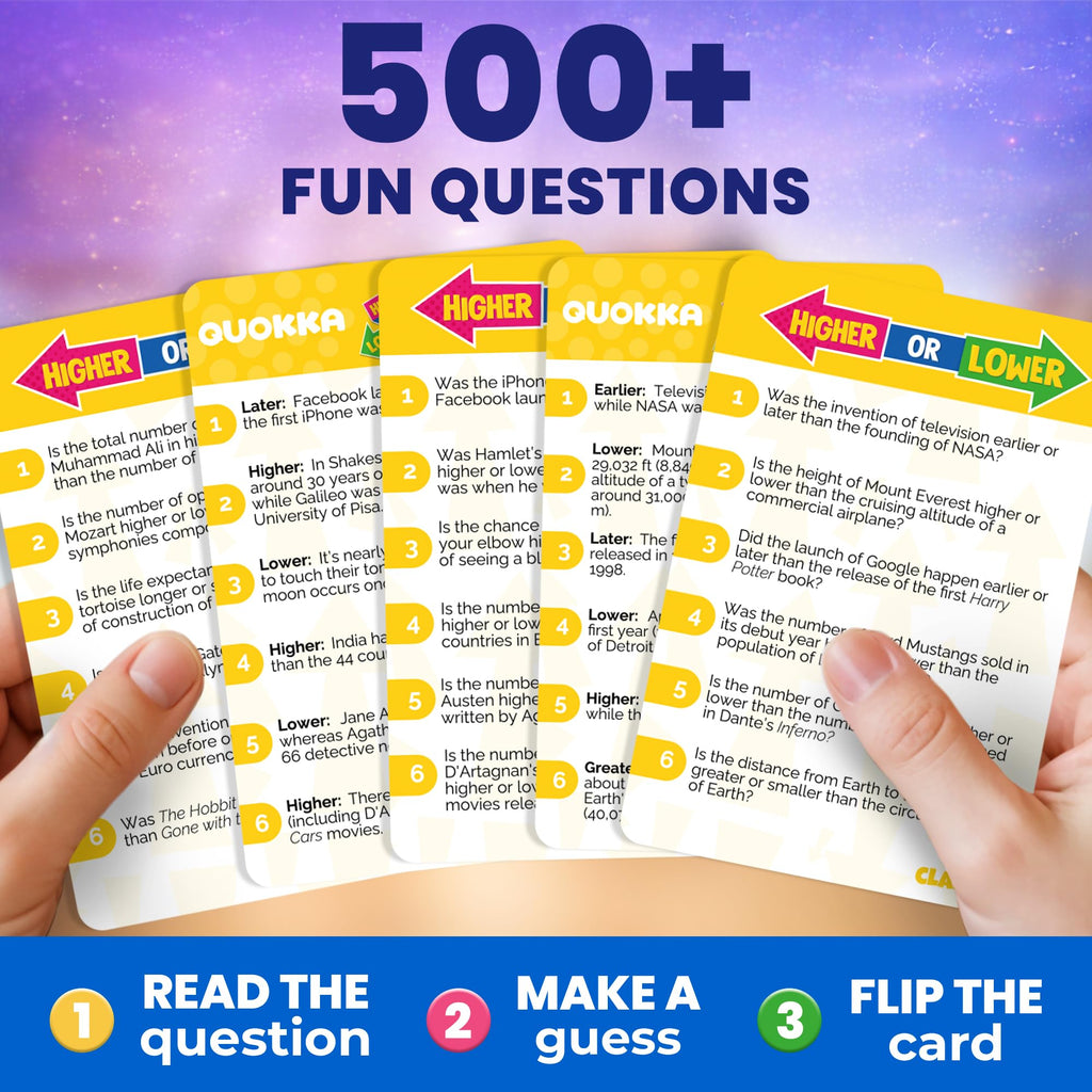 QUOKKA Higher or Lower Trivia Card Game – 500+ Questions for Family Game Night