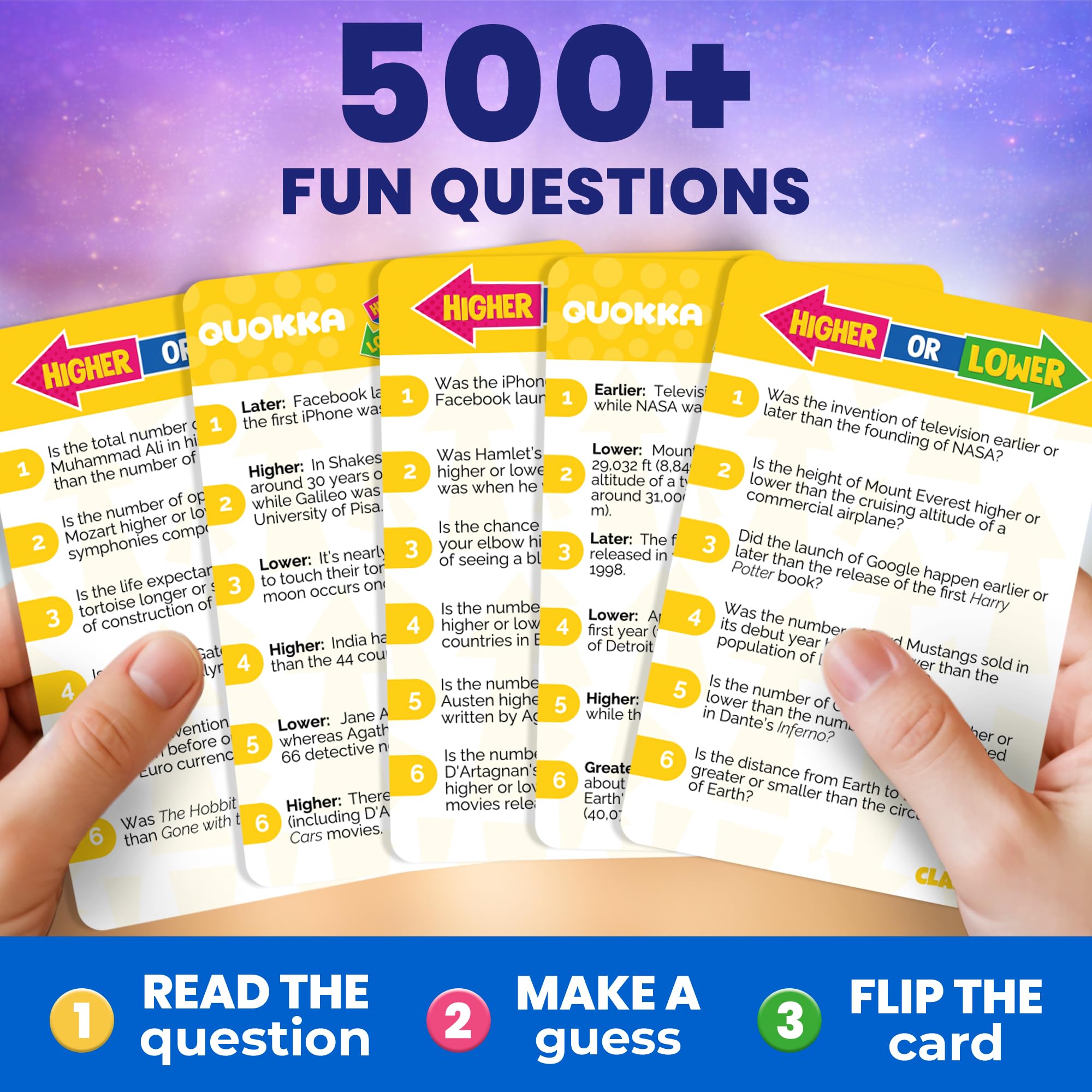 QUOKKA Higher or Lower Trivia Card Game – 500+ Questions for Family Game Night