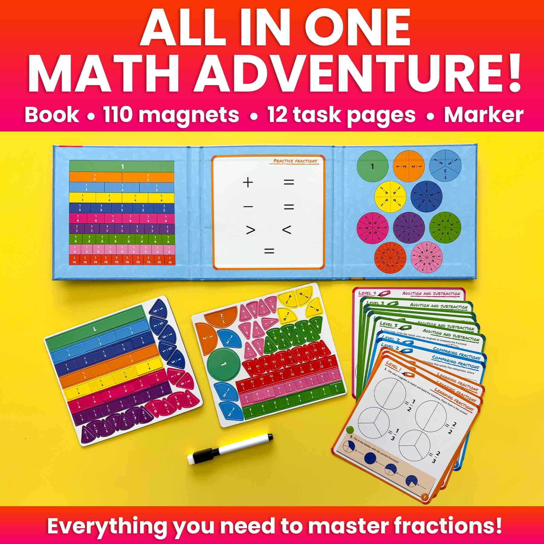 QUOKKA Magnetic Fractions Learning Set – 110 Magnets, 12 Task Pages, Marker – Math Games for Kids Ages 6-10, Homeschool & Travel