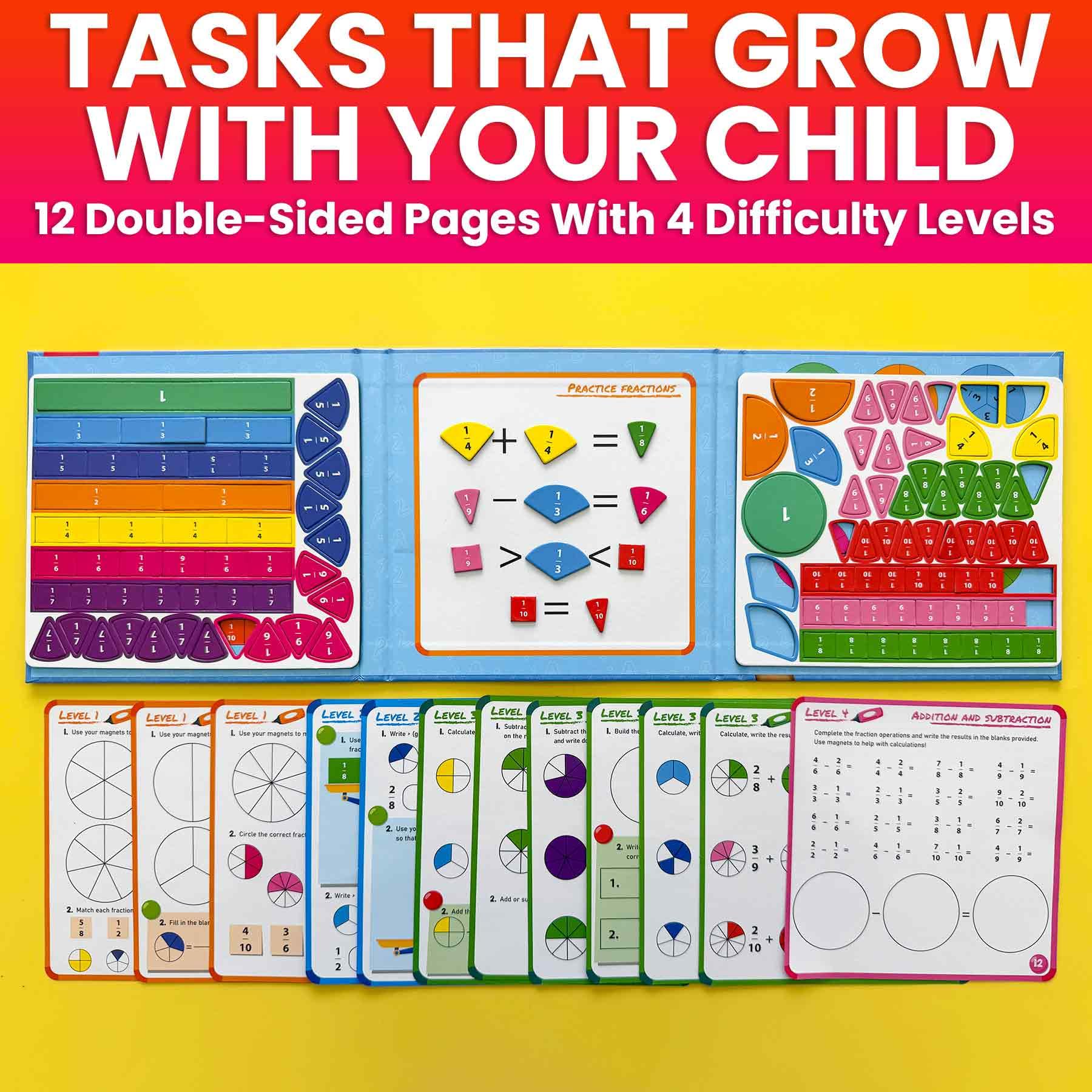 QUOKKA Magnetic Fractions Learning Set – 110 Magnets, 12 Task Pages, Marker – Math Games for Kids Ages 6-10, Homeschool & Travel