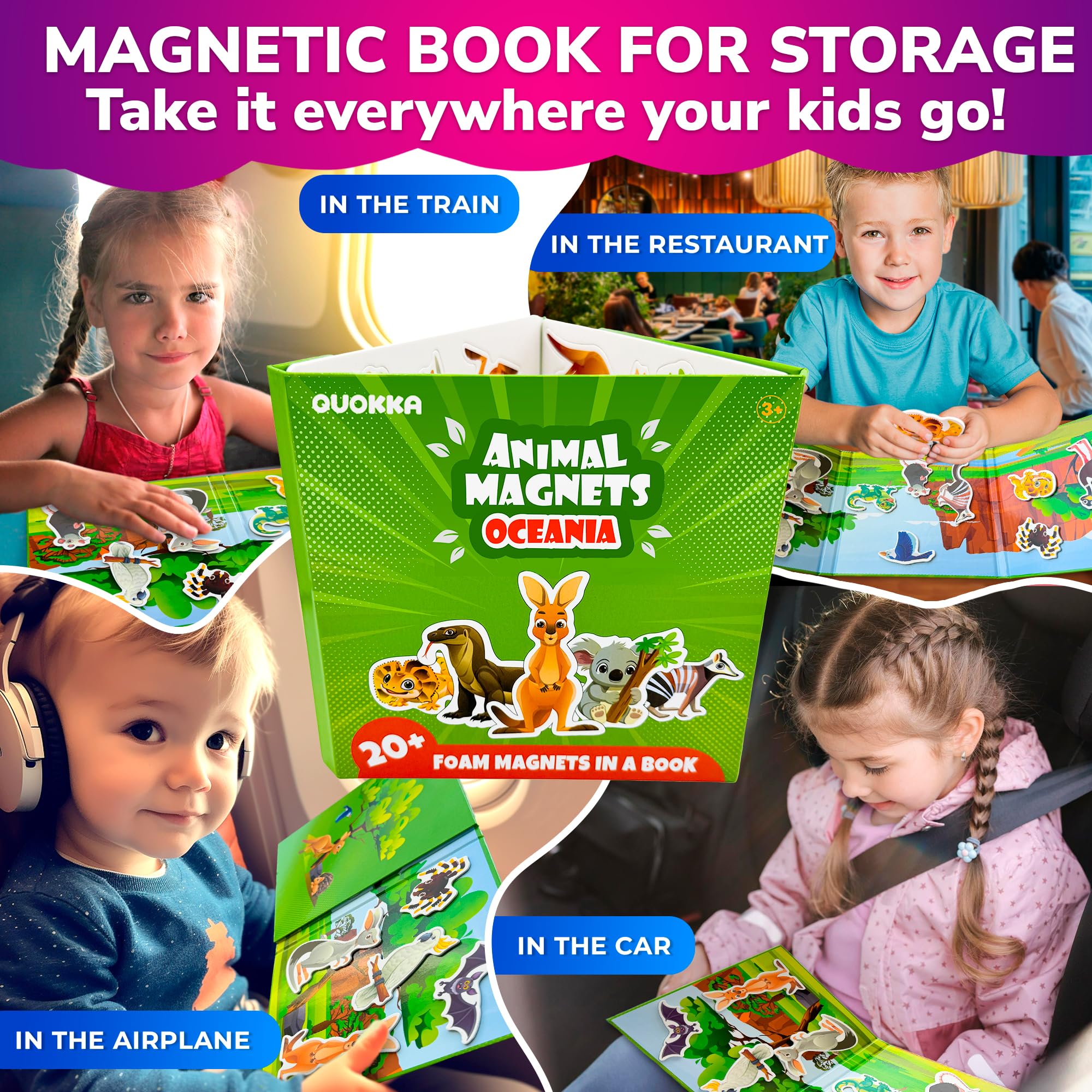 QUOKKA Travel Magnetic Puzzle Book – 20+ Animal Magnets, Extra-Long Play Scene, Perfect for Car & Plane Activities (Ages 1-5)