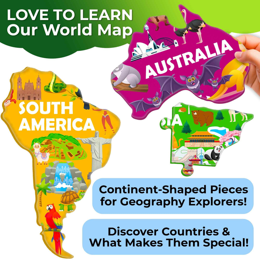 QUOKKA World Map Floor Puzzle – 70 Continent-Shaped Pieces with 50 Fact Cards (400+ Facts)