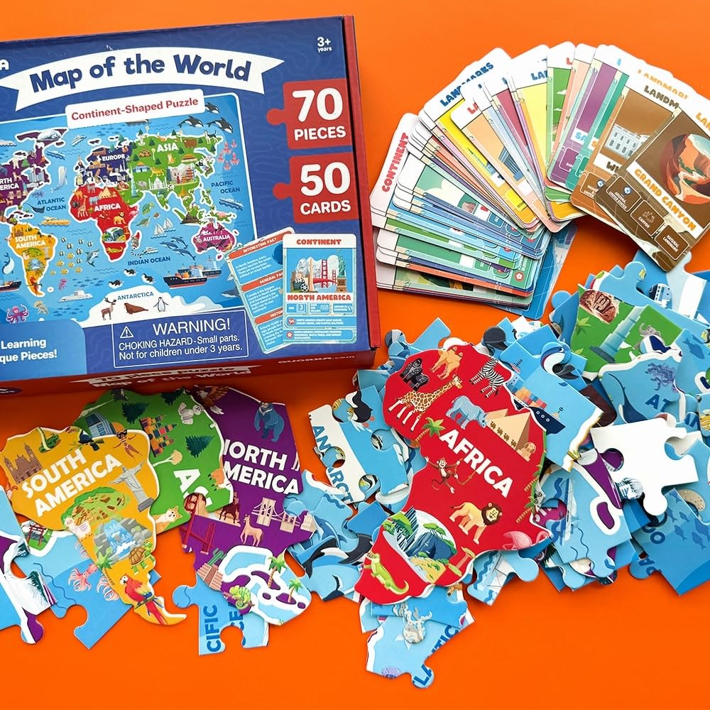 QUOKKA World Map Floor Puzzle – 70 Continent-Shaped Pieces with 50 Fact Cards (400+ Facts)