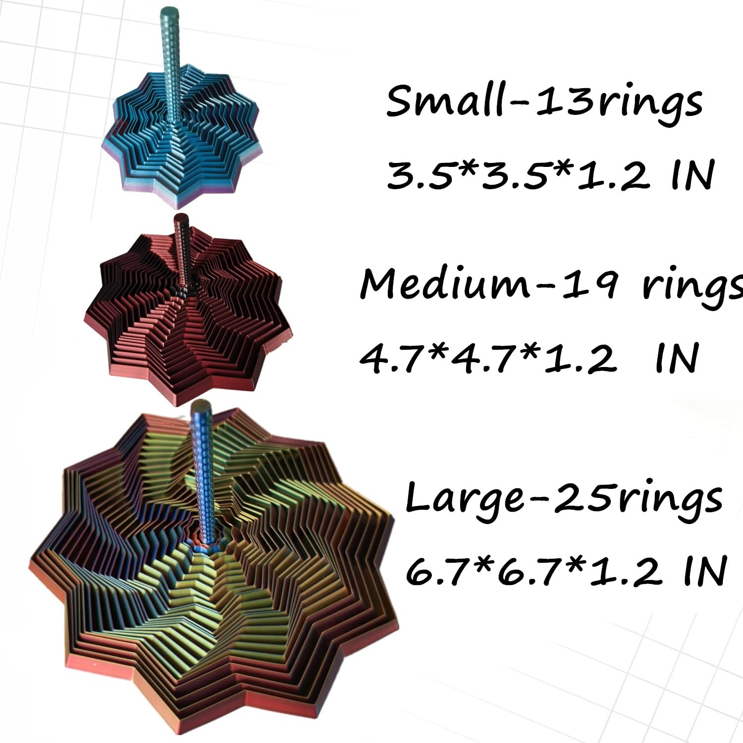 QWZFirst 3D Printed Expanded Sensory Fidget Star – Rainbow Spinning Stress Relief Toy with Handle for Office Desk (Large, 25 Rings)