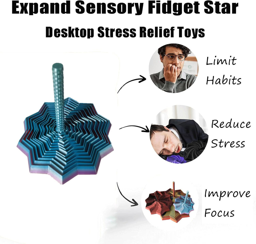 QWZFirst 3D Printed Expanded Sensory Fidget Star – Rainbow Spinning Stress Relief Toy with Handle for Office Desk (Large, 25 Rings)