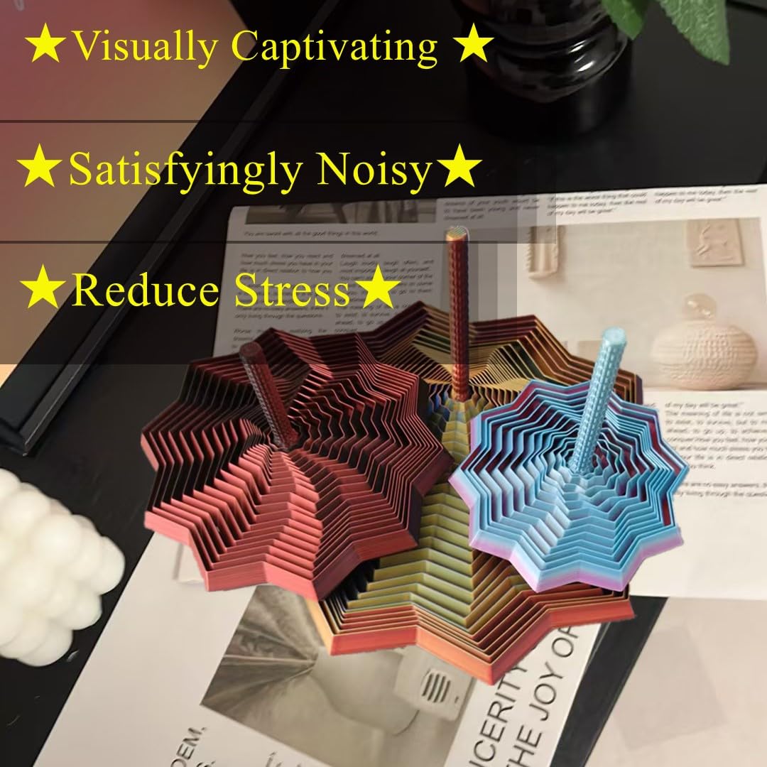 QWZFirst 3D Printed Expanded Sensory Fidget Star – Rainbow Spinning Stress Relief Toy with Handle for Office Desk (Large, 25 Rings)