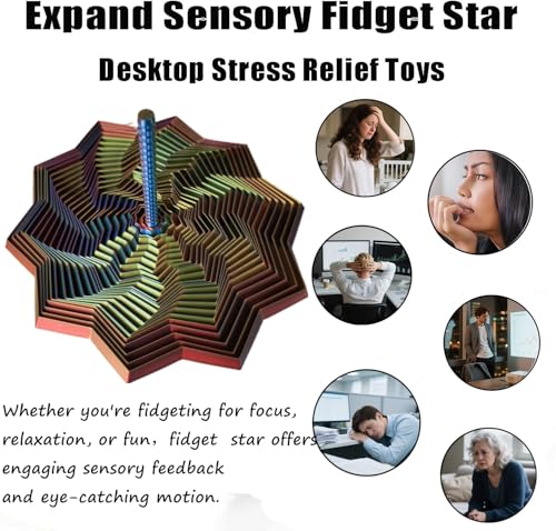 QWZFirst Expanded Sensory Fidget Star – 3D Printed Stress-Relief Spinning Tower Toy with Handle, Red-Blue-Cyan, 25 Rings