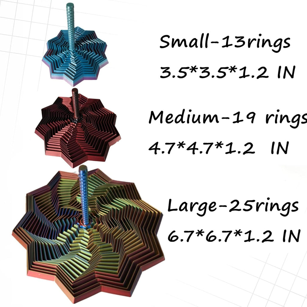 QWZFirst Expanded Sensory Fidget Star – 3D Printed Stress-Relief Spinning Tower Toy with Handle, Red-Blue-Cyan, 25 Rings