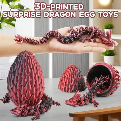 Qxbuhe 12-Inch 3D Printed Articulated Dragon Fidget Toy – Mystery Crystal Design, Black Red, PLA Plastic Desk Decor for Adults & Kids