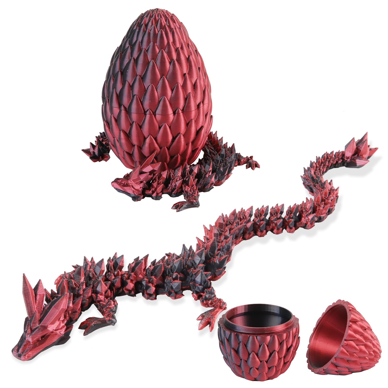 Qxbuhe 12-Inch 3D Printed Articulated Dragon Fidget Toy – Mystery Crystal Design, Black Red, PLA Plastic Desk Decor for Adults & Kids