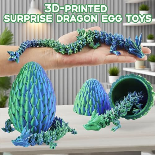Qxbuhe 12-Inch 3D Printed Dragon Egg – Mystery Crystal Articulated Dragon Fidget Toy for Adults, Home Desk Decor (Cyanine)