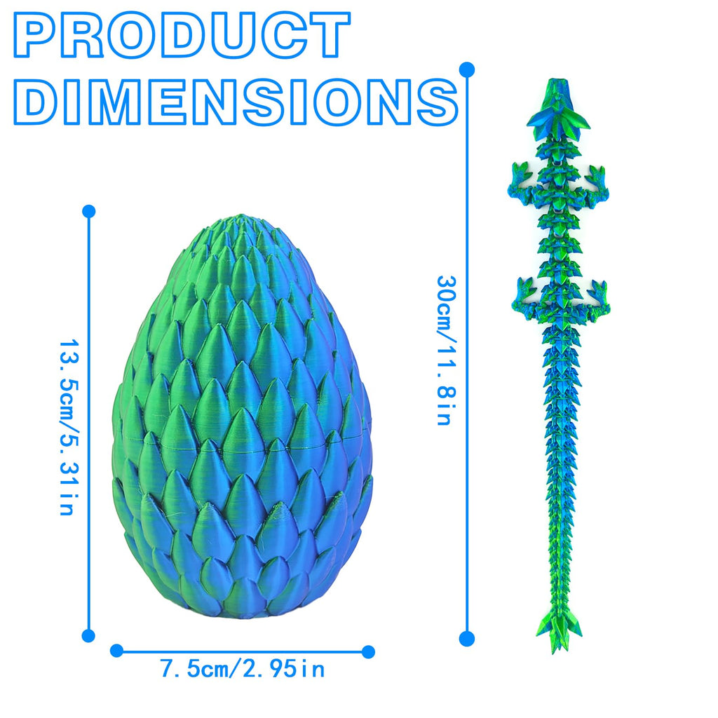 Qxbuhe 12-Inch 3D Printed Dragon Egg – Mystery Crystal Articulated Dragon Fidget Toy for Adults, Home Desk Decor (Cyanine)