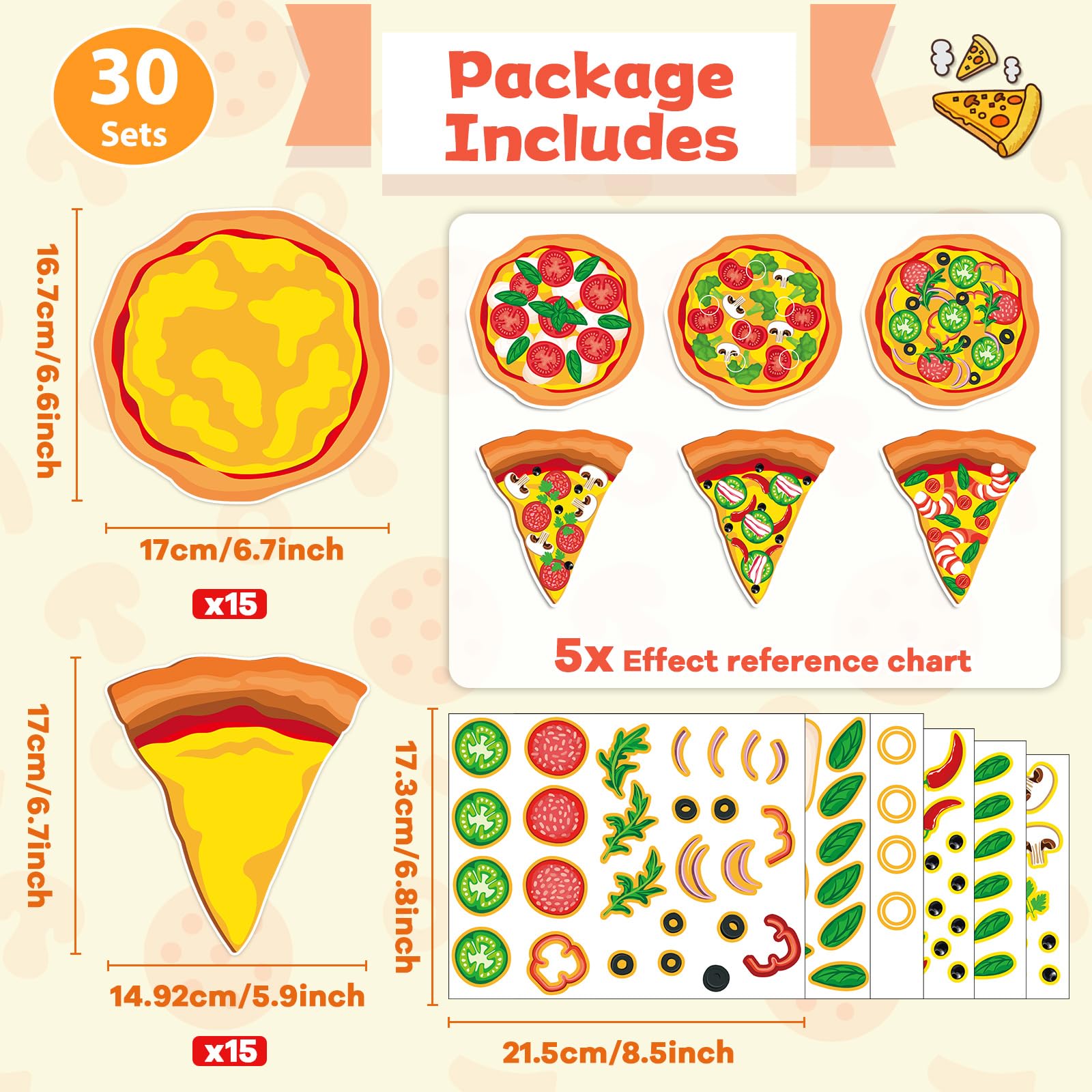 Qyeahkj 30-Piece Pizza Sticker Craft Kit – DIY Topping Stickers for Party Favors and Classroom Activities