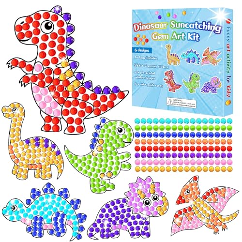 Qyeahkj 6 Pcs Dinosaur Suncatcher Gem Diamond Painting Kit - DIY Dino Arts & Crafts for Adults - Over 588 Stickers