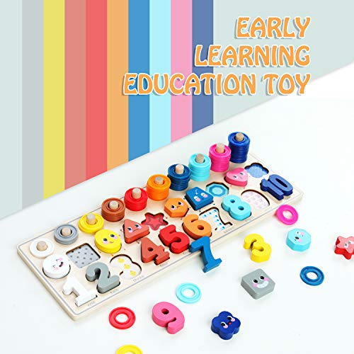 QZMTOY Wooden Montessori 4-in-1 Number Puzzle & Sorting Toy for Toddlers 3-5 Years