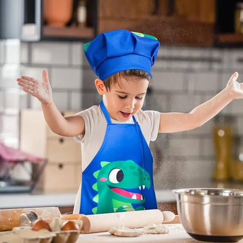 R HORSE 2-Piece Kids Apron & Chef Hat Set – Blue Dinosaur, Adjustable, Ages 3-5
