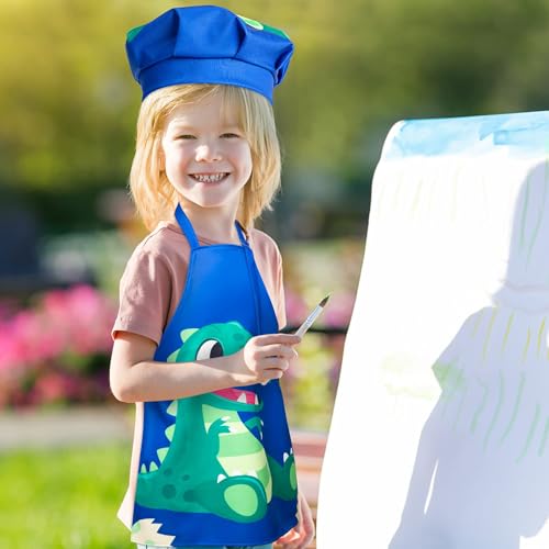 R HORSE 2-Piece Kids Apron & Chef Hat Set – Blue Dinosaur, Adjustable, Ages 3-5