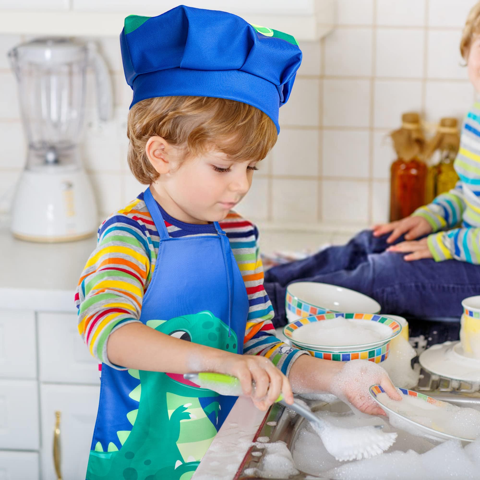 R HORSE 2-Piece Kids Apron & Chef Hat Set – Blue Dinosaur, Adjustable, Ages 3-5