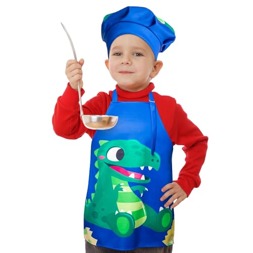 R HORSE 2-Piece Kids Apron & Chef Hat Set – Blue Dinosaur, Adjustable, Ages 3-5
